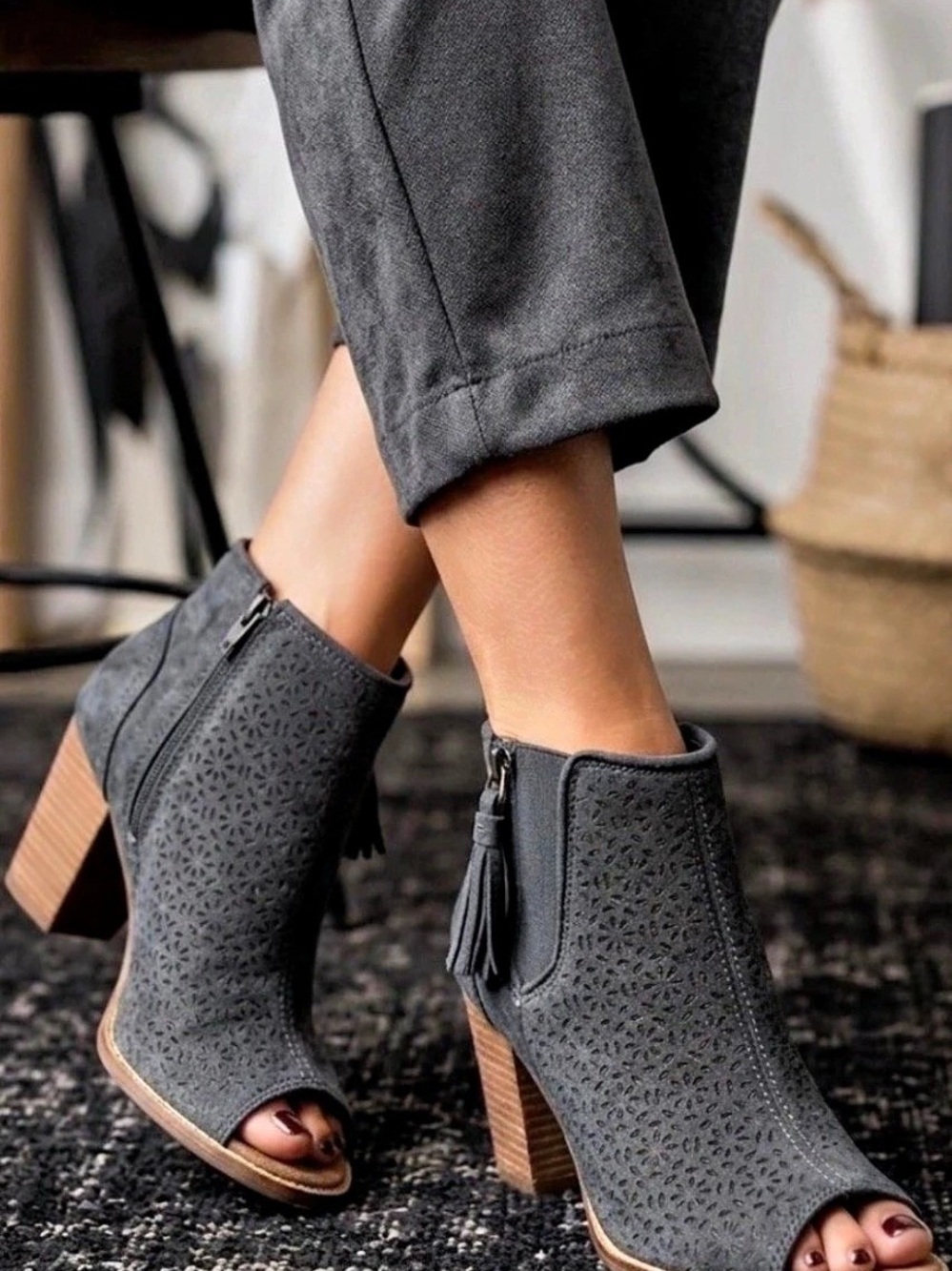 TOMS Open-Toe Heeled Booties in Black US 7